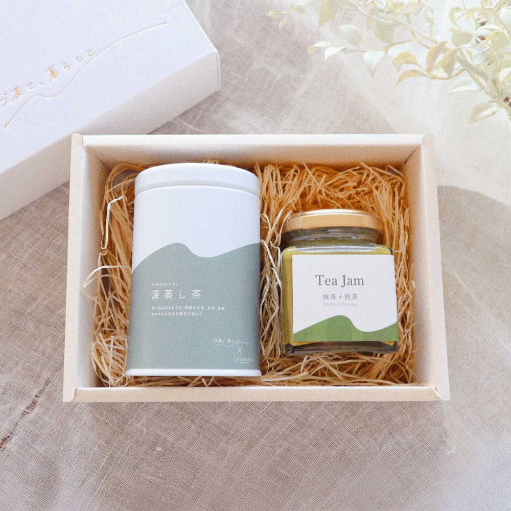 お茶と、暮らしと ティータイムセット 深蒸し茶ティーバッグ缶・Teaミルクジャム130g(抹茶+煎茶)
