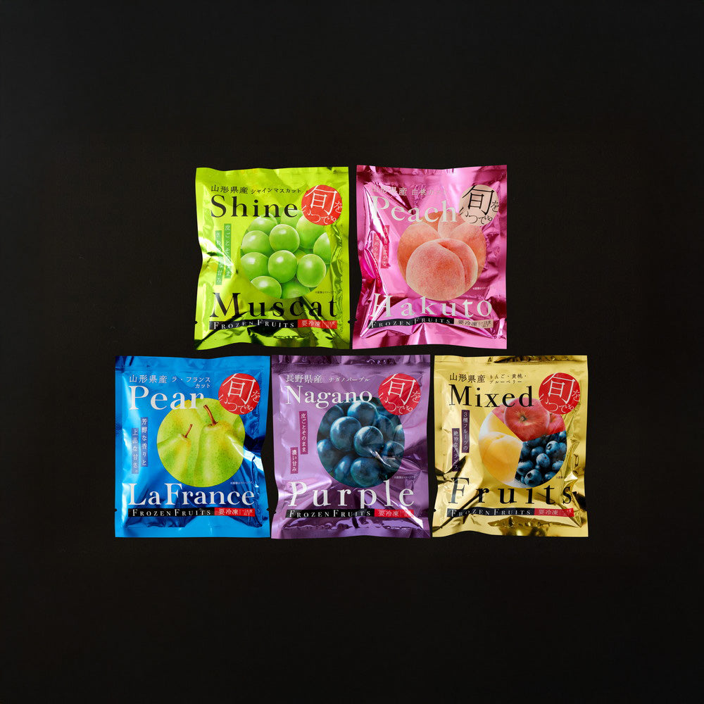 「凍眠フルーツ」　5種食べ比べ（シャインマスカット、白桃、ラ・フランス、ナガノパープル、ミックスフルーツ）